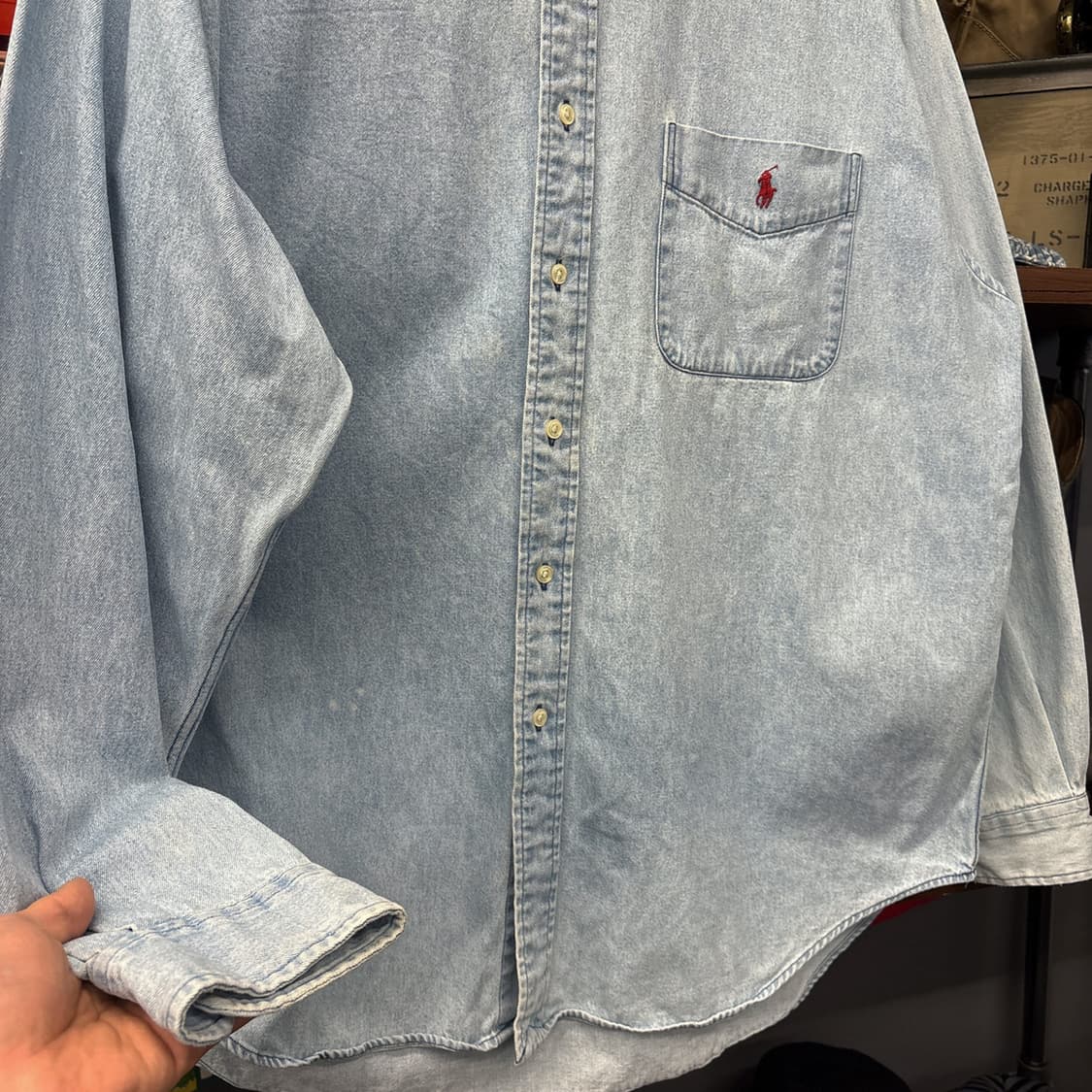 90s 폴로 랄프로렌 빅셔츠 라인 워크포켓 데님셔츠 레드포니 N1013 상품이미지4