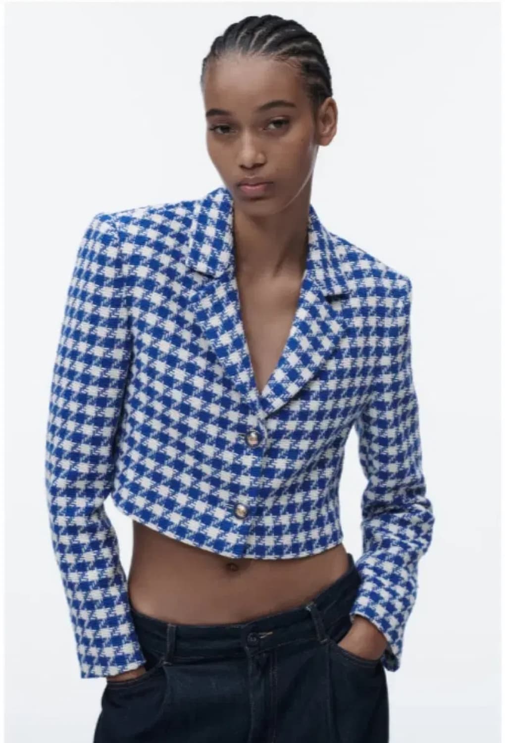 새상품) 자라 블루 체크 트위드 크롭 자켓 M(66) 상품이미지2