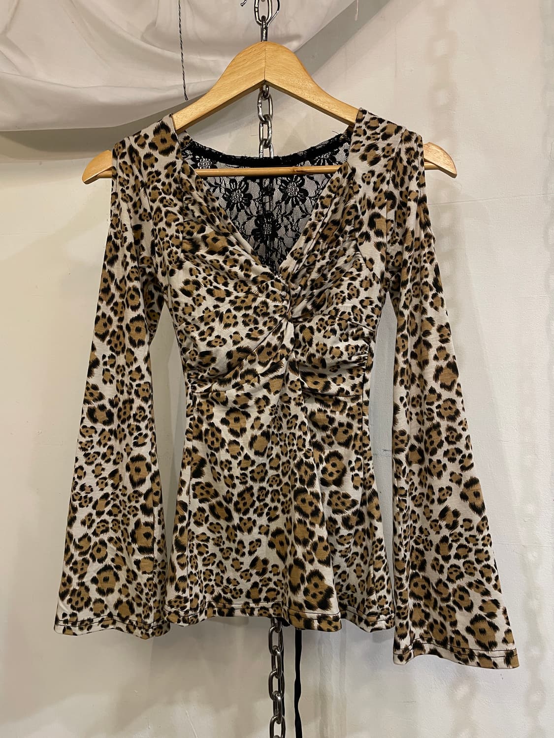 레오파드 패턴 셔링 레이스 아일렛 롱슬리브 갸루 상품이미지3