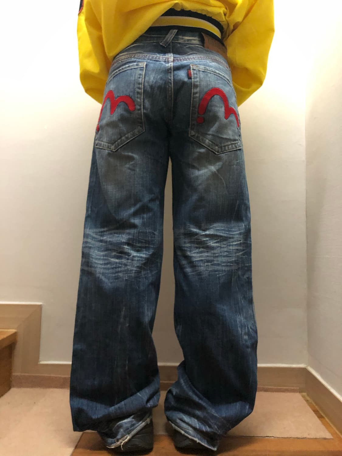 빈티지 에비수 레드 패치 데님 팬츠 상품이미지1