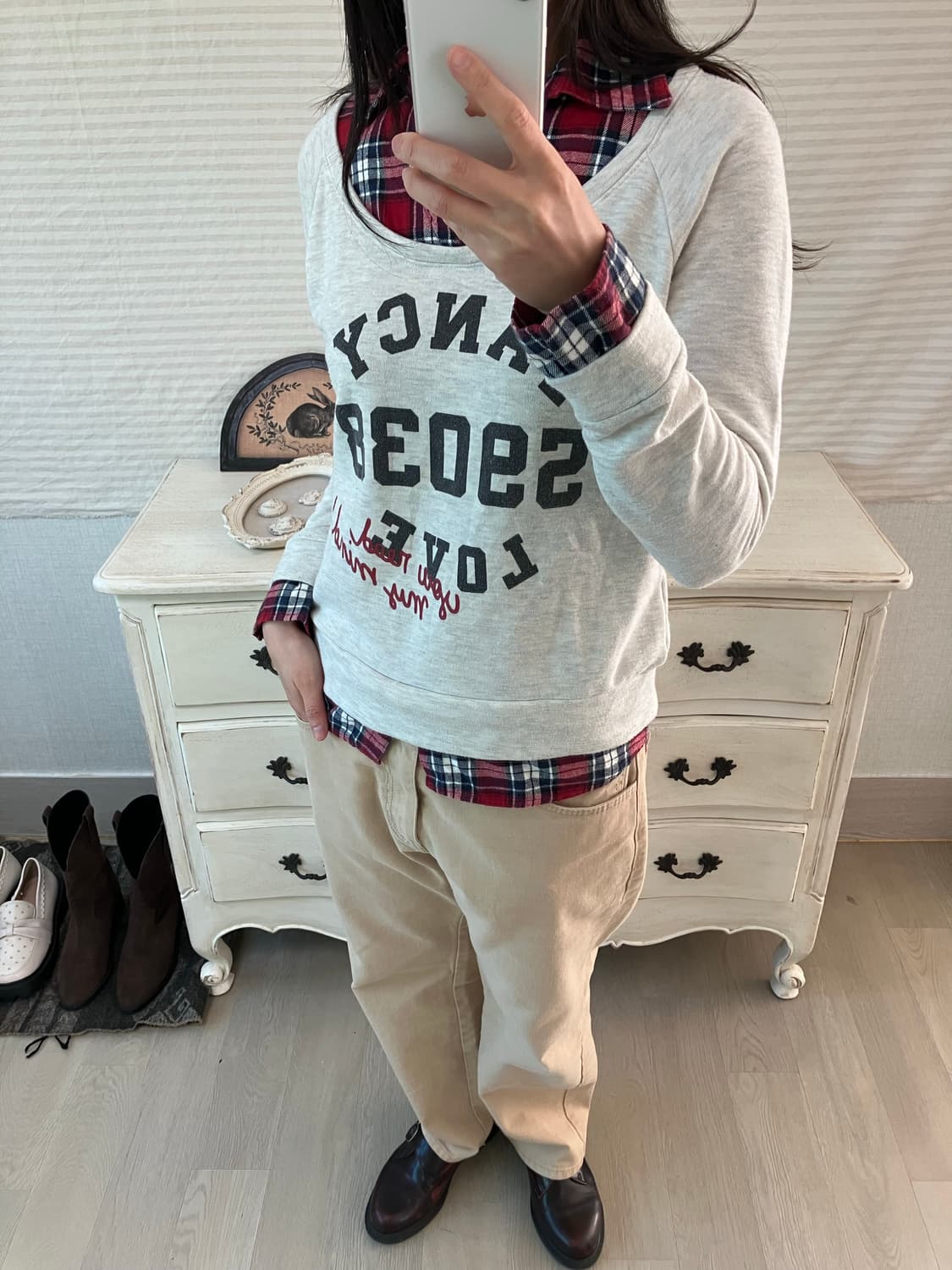 jpn vintage 레드와인 네이비 체크셔츠 멜란지 레이어드 맨투맨 y 상품이미지3