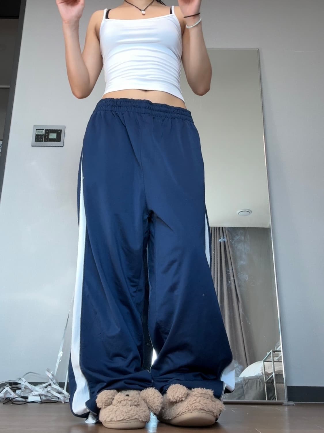 리복 네이비 배색 선 와이드 트레이닝 팬츠 힙합 댄스 상품이미지4