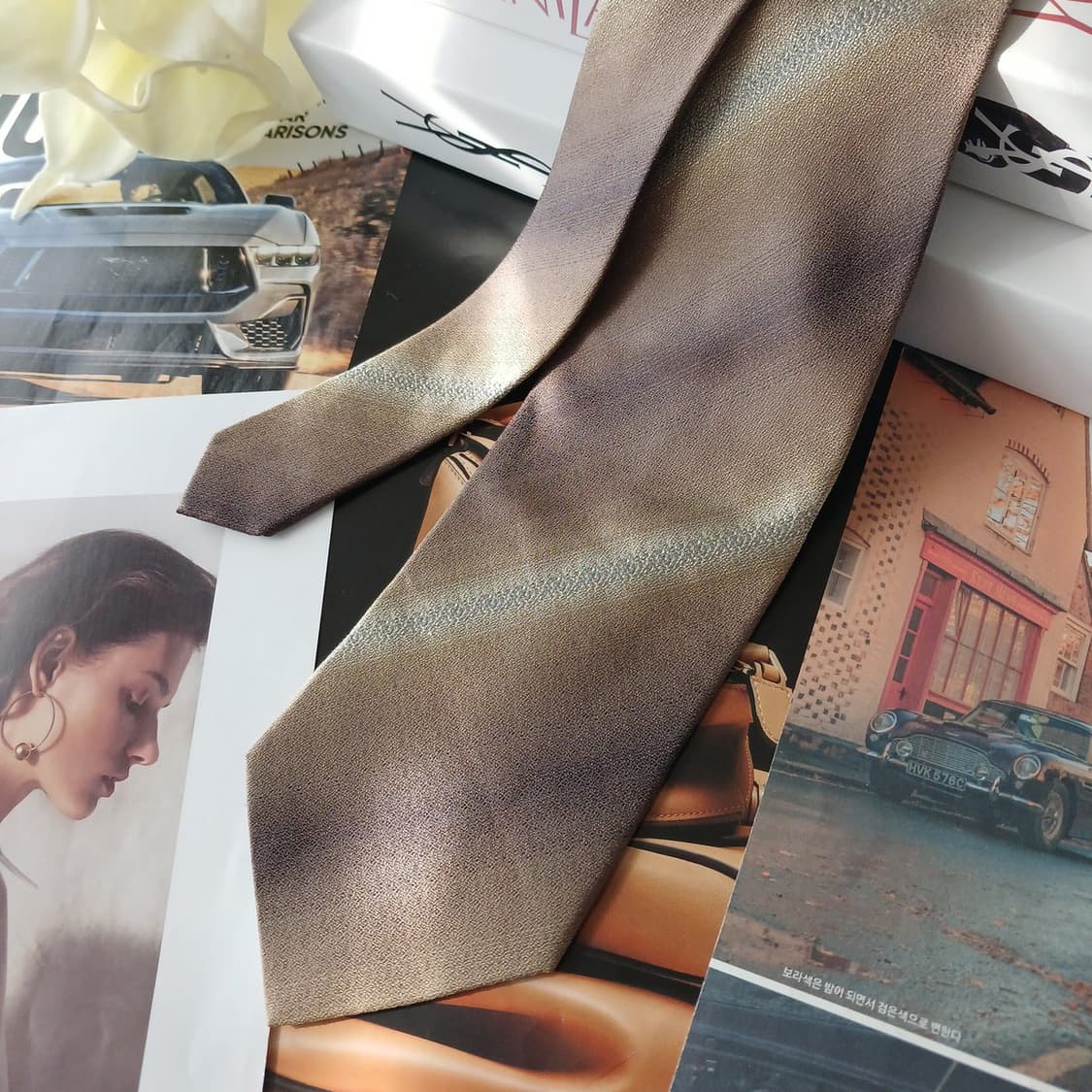 입생로랑 실크 골드브라운 그라데이션 넥타이 9.5cm A+등급A18814 상품이미지4