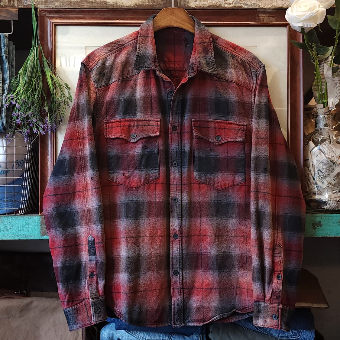 90s 빈티지 체크셔츠 헤비 플란넬 워크셔츠 썬페이딩 레드 웨스턴 L 상품이미지1