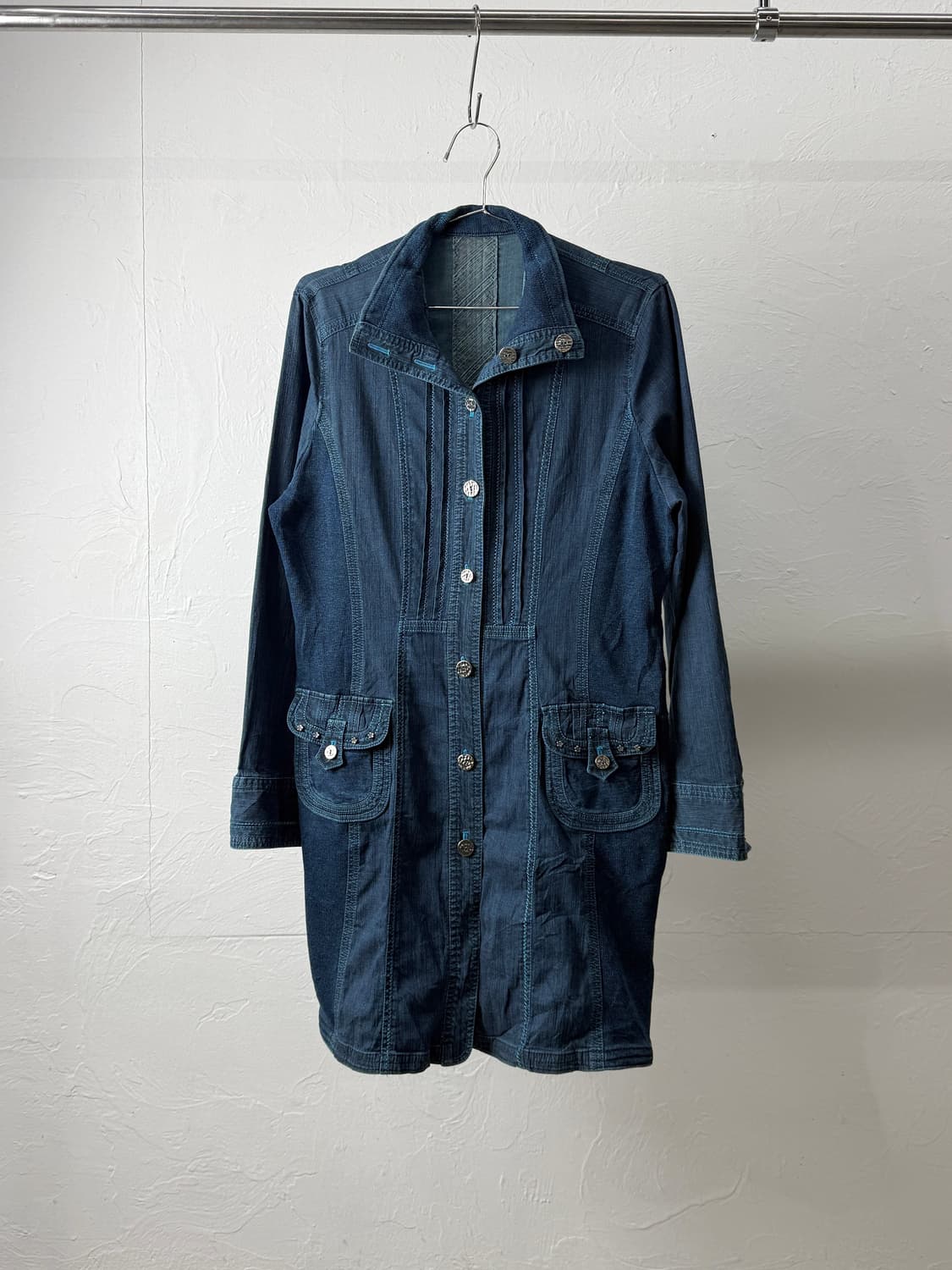 chamoisv 스티치 믹스드 롱 자켓 상품이미지1