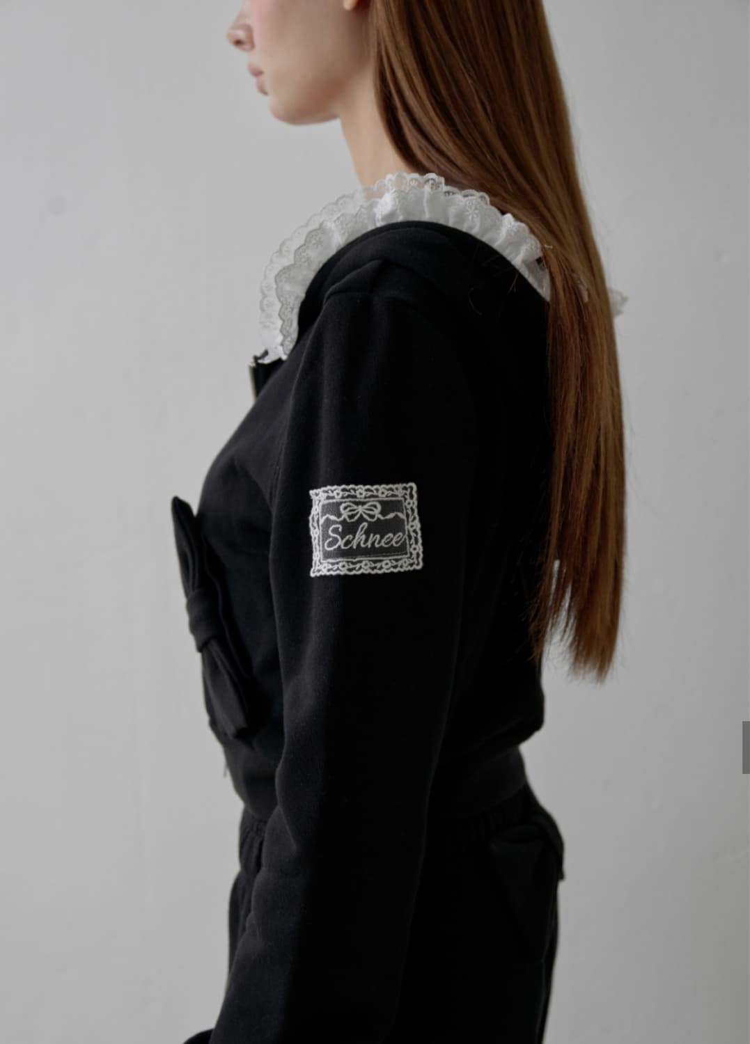 새상품)) 슈네 리본 레이스 크리미 후드집업 블랙 상품이미지3