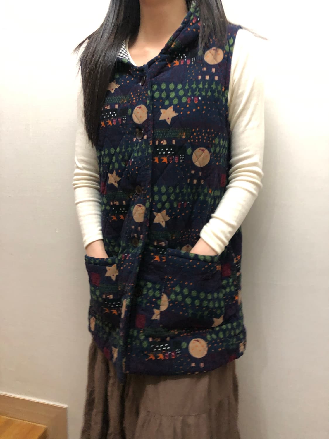 빈티지 네이비 모리걸 프린팅 베스트 패딩 상품이미지5