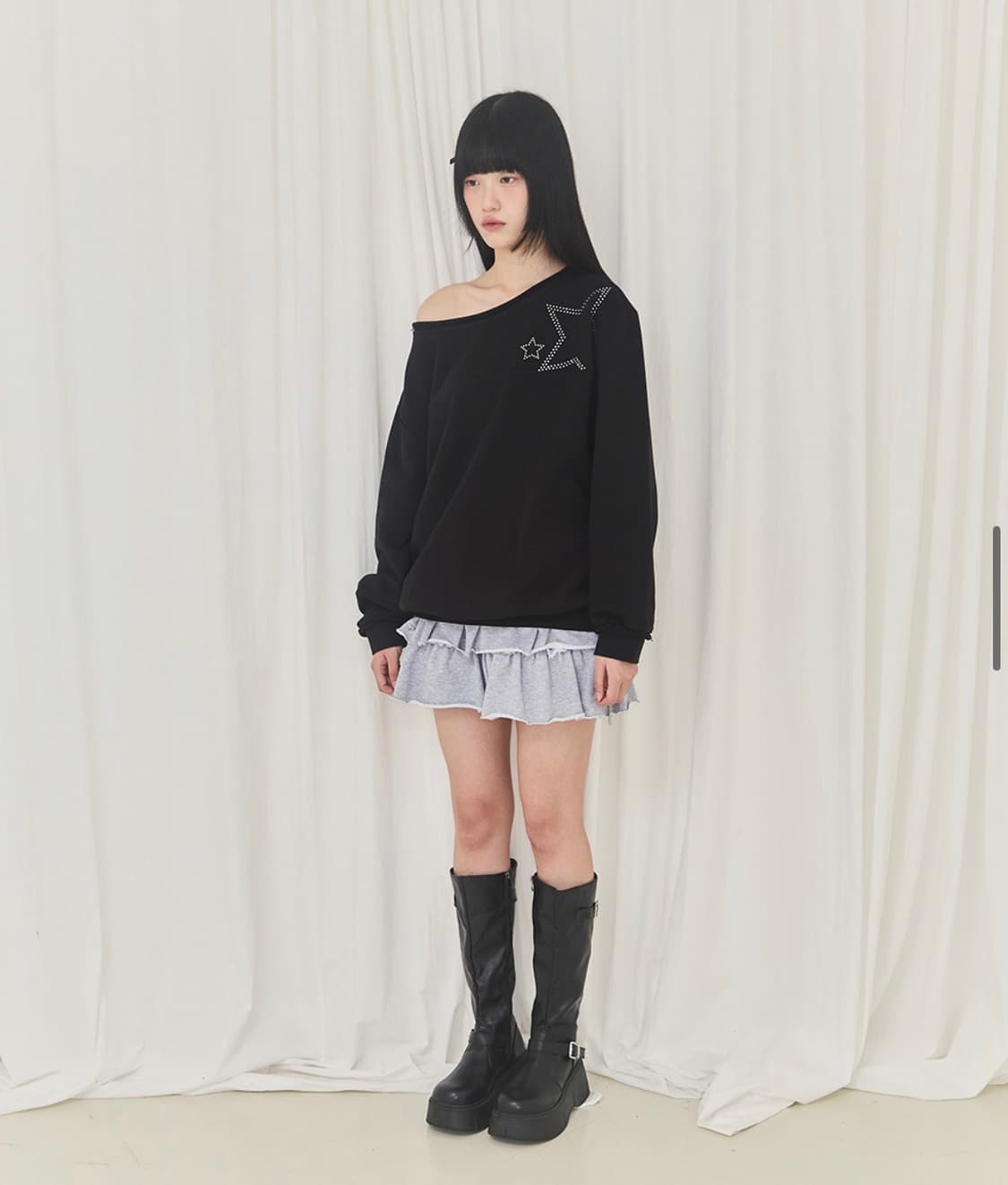 [알키아카] 스타 오픈숄더 맨투맨 (Black/OS) 상품이미지7