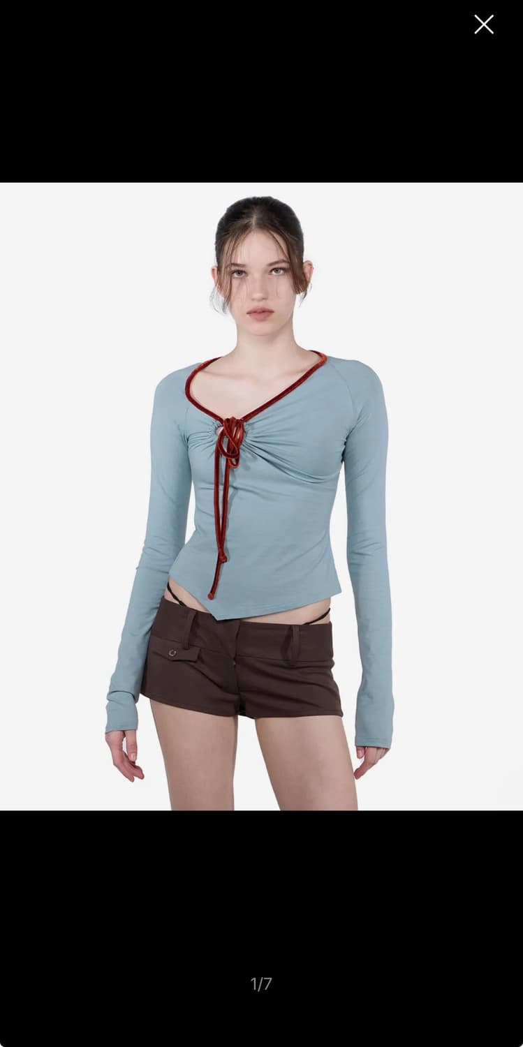 Zen Velvet Trimming Top Dusty Blue 상품이미지1