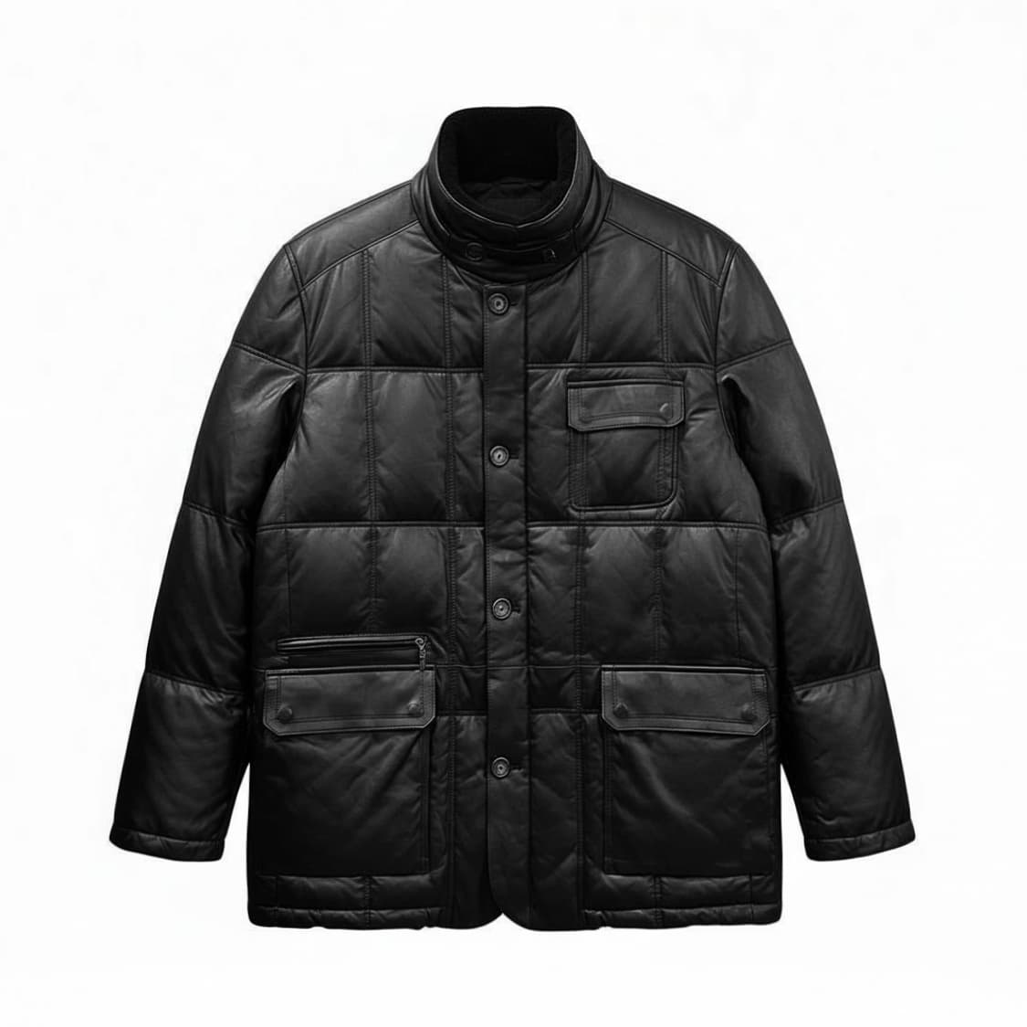 ITALY VINTAGE 패디드 가죽 자켓 플랩포켓 퍼카라넥 디테일 블랙 상품이미지1