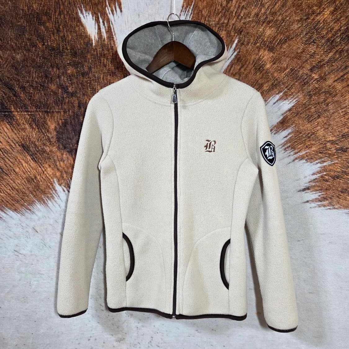 빈티지 베이지 브라운 배색 후리스 후드집업 상품이미지1