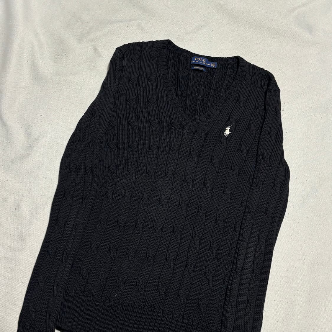 M 폴로랄프로렌 여성용 화이트 포니 브이넥 케이블 니트 상품이미지1