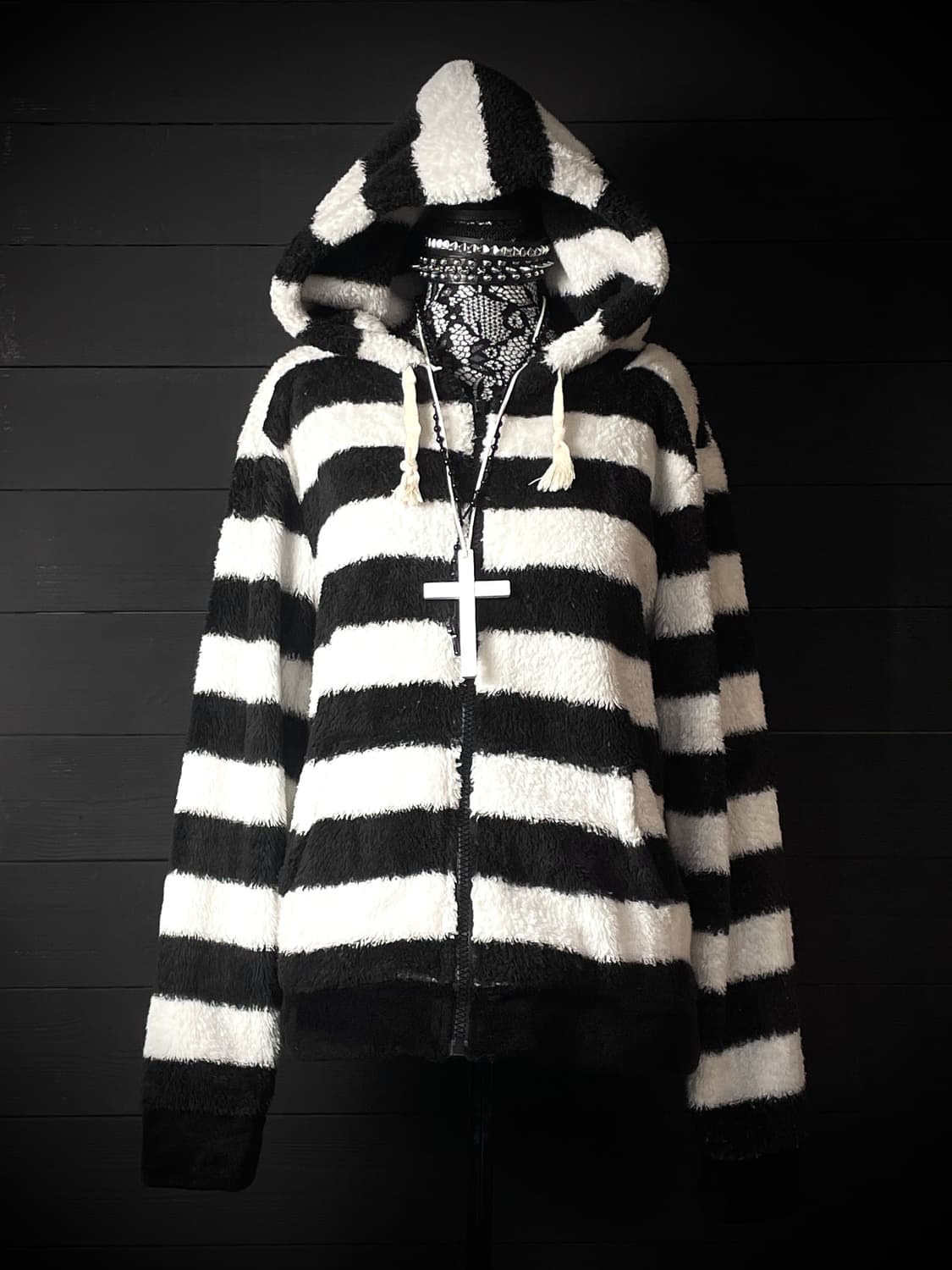 JPN 펑크 스트라이프 줄무늬 블랙 화이트 후드집업 상품이미지2