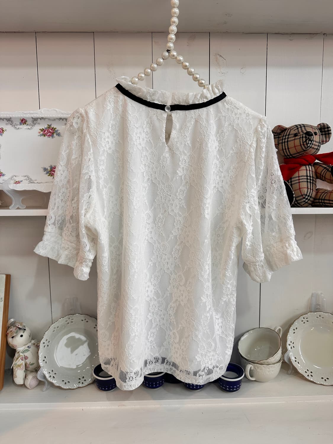 레이스 블라우스 화이트 리본 포인트 상품이미지4