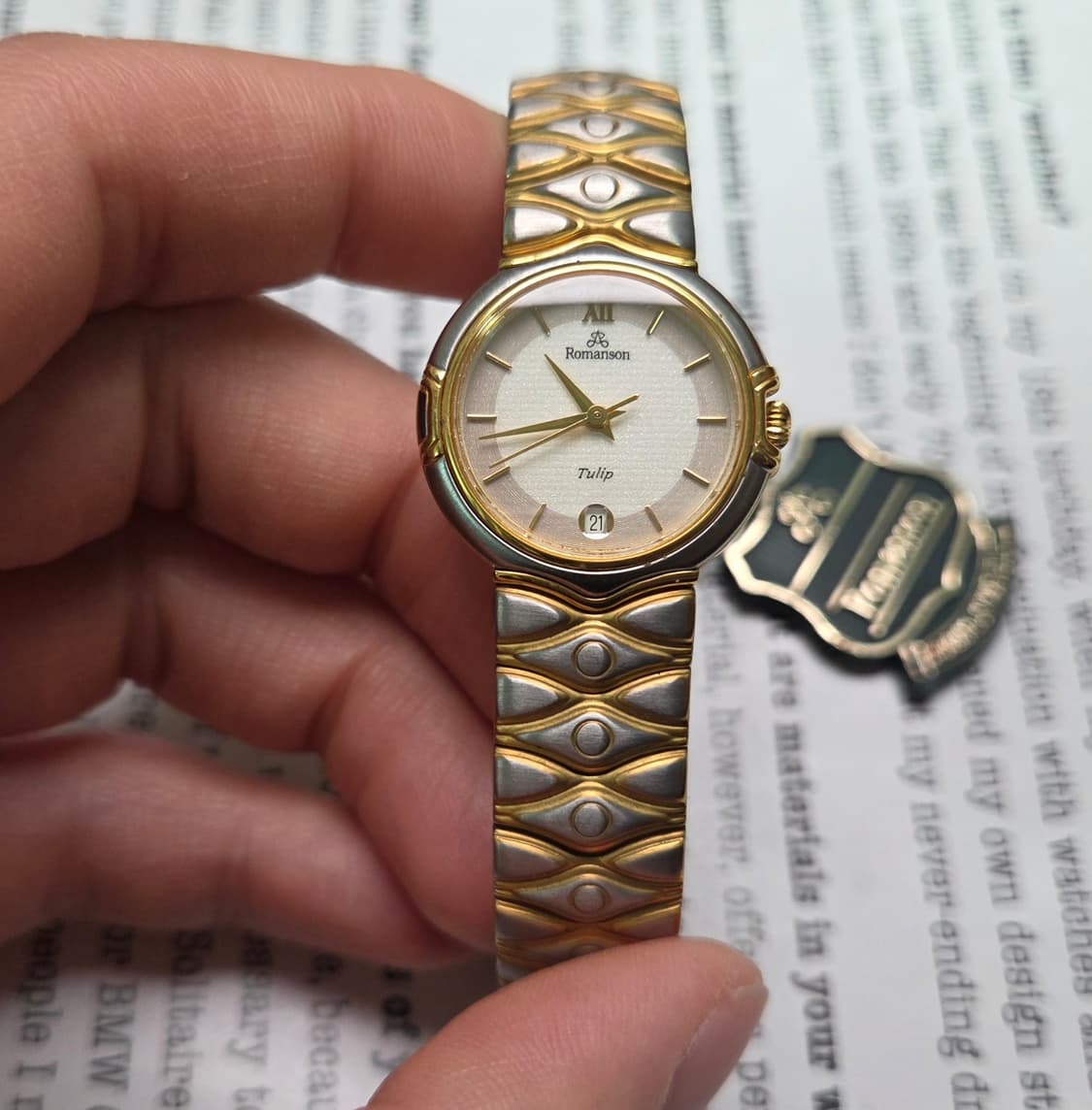 데드스탁] 빈티지 로만손 튤립 투톤 스파클 다이얼 칼침핸즈 쿼츠 여성용 상품이미지3