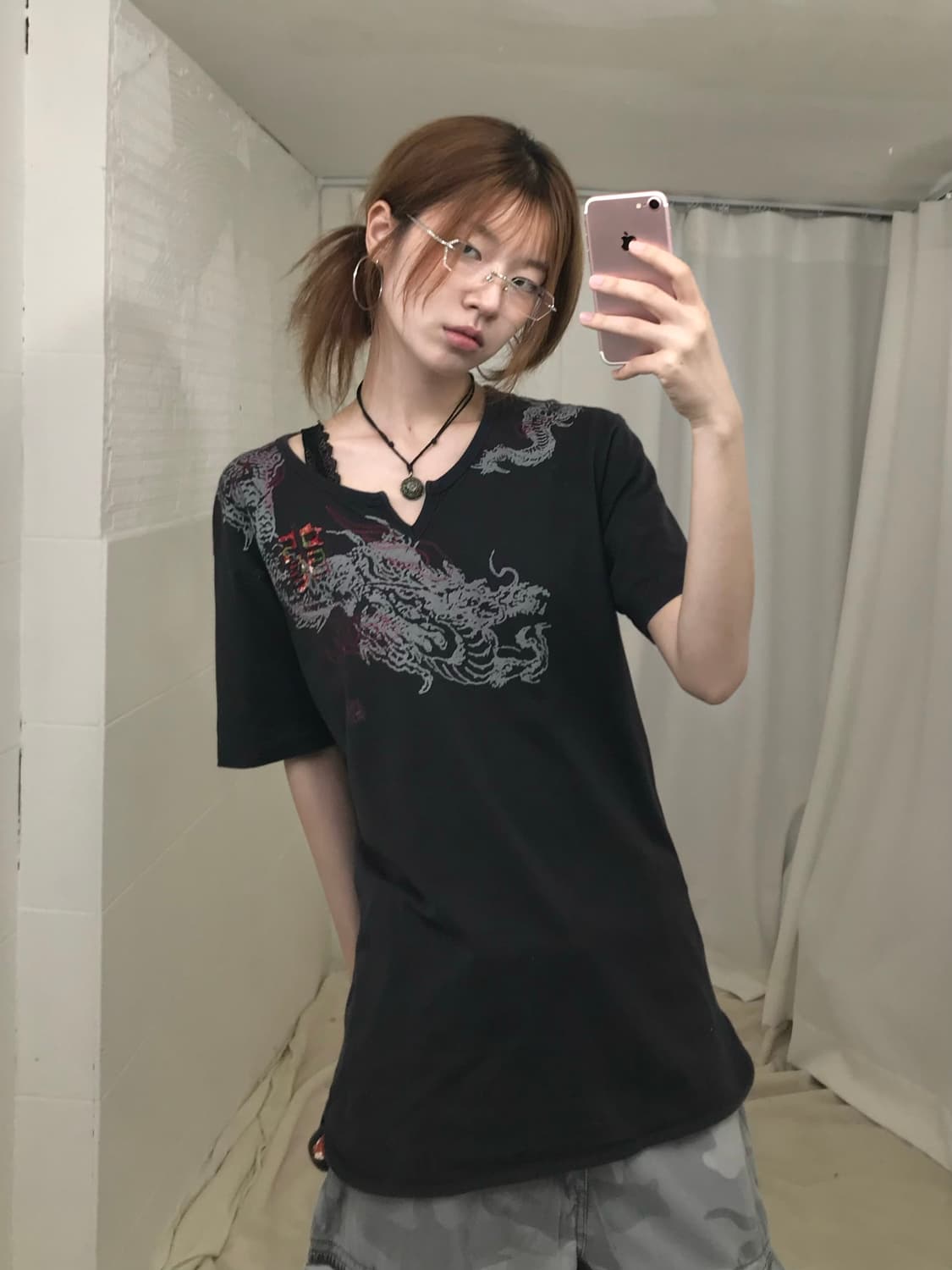 빈티지 오리엔탈 용 프린팅 반팔 티셔츠 상품이미지1