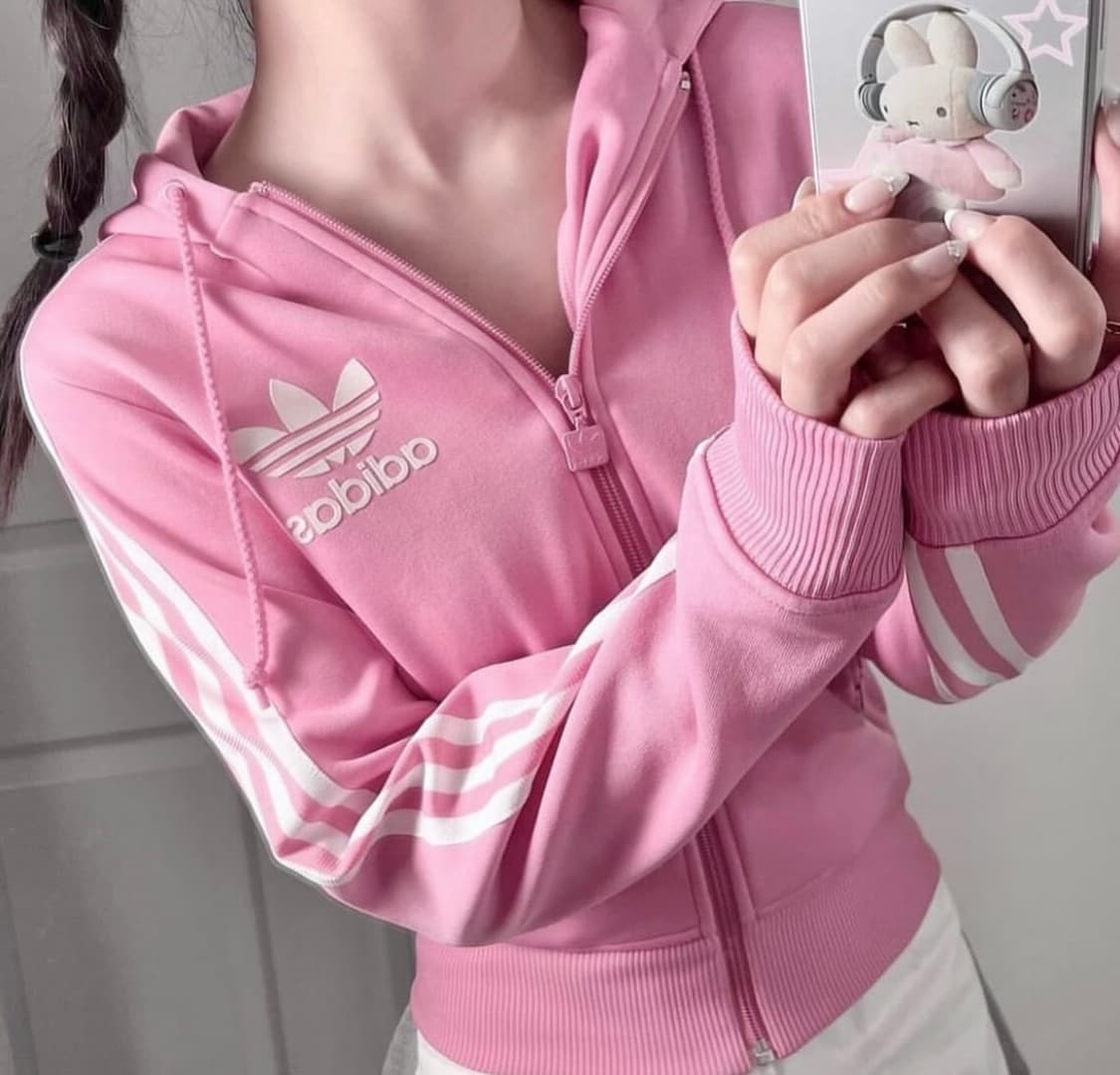 아디다스 딸기우유 핑크 하양 빅로고 삼선 후드집업 상품이미지1