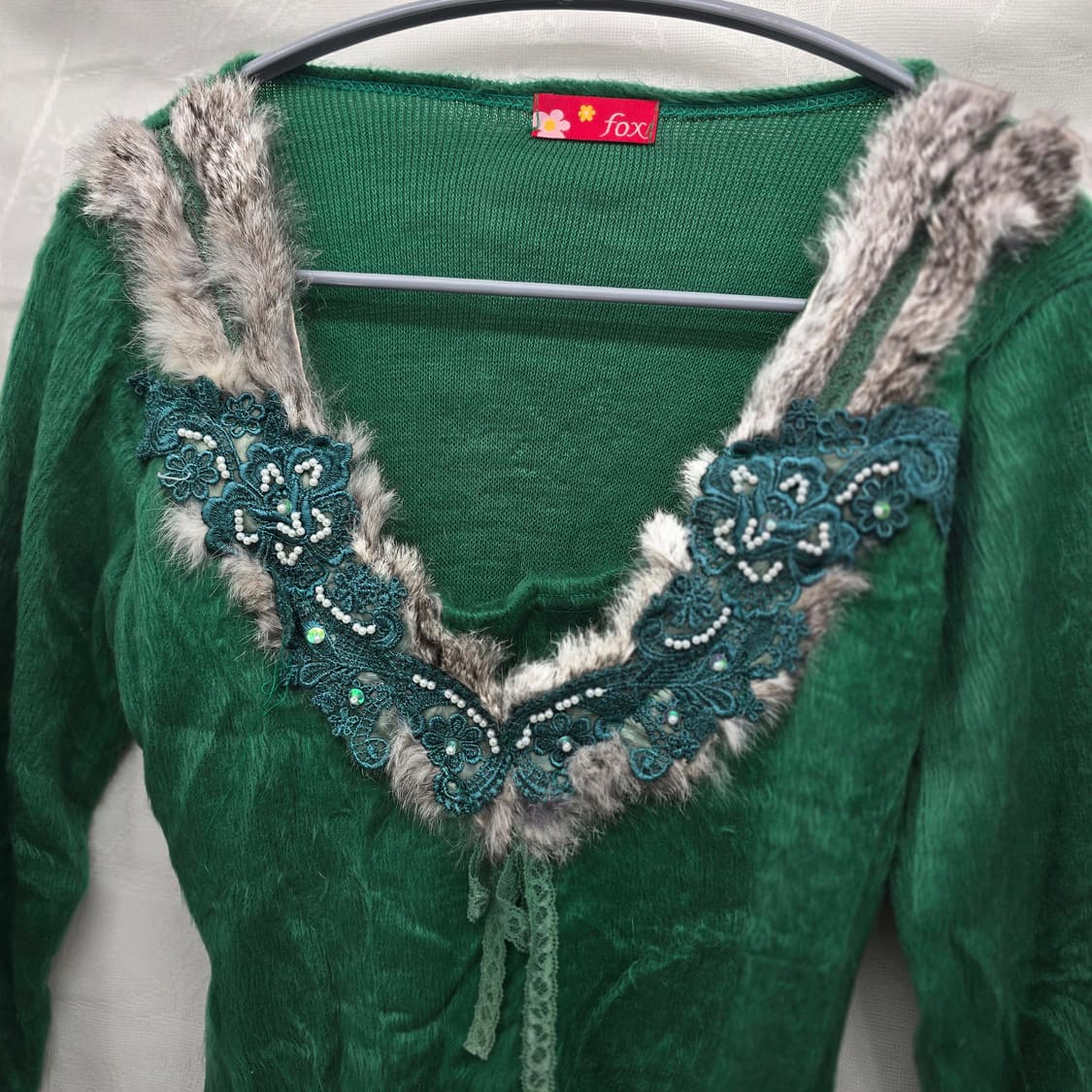 fox 그린 퍼 장식 긴팔 니트 Y2K 일본빈티지 상품이미지4