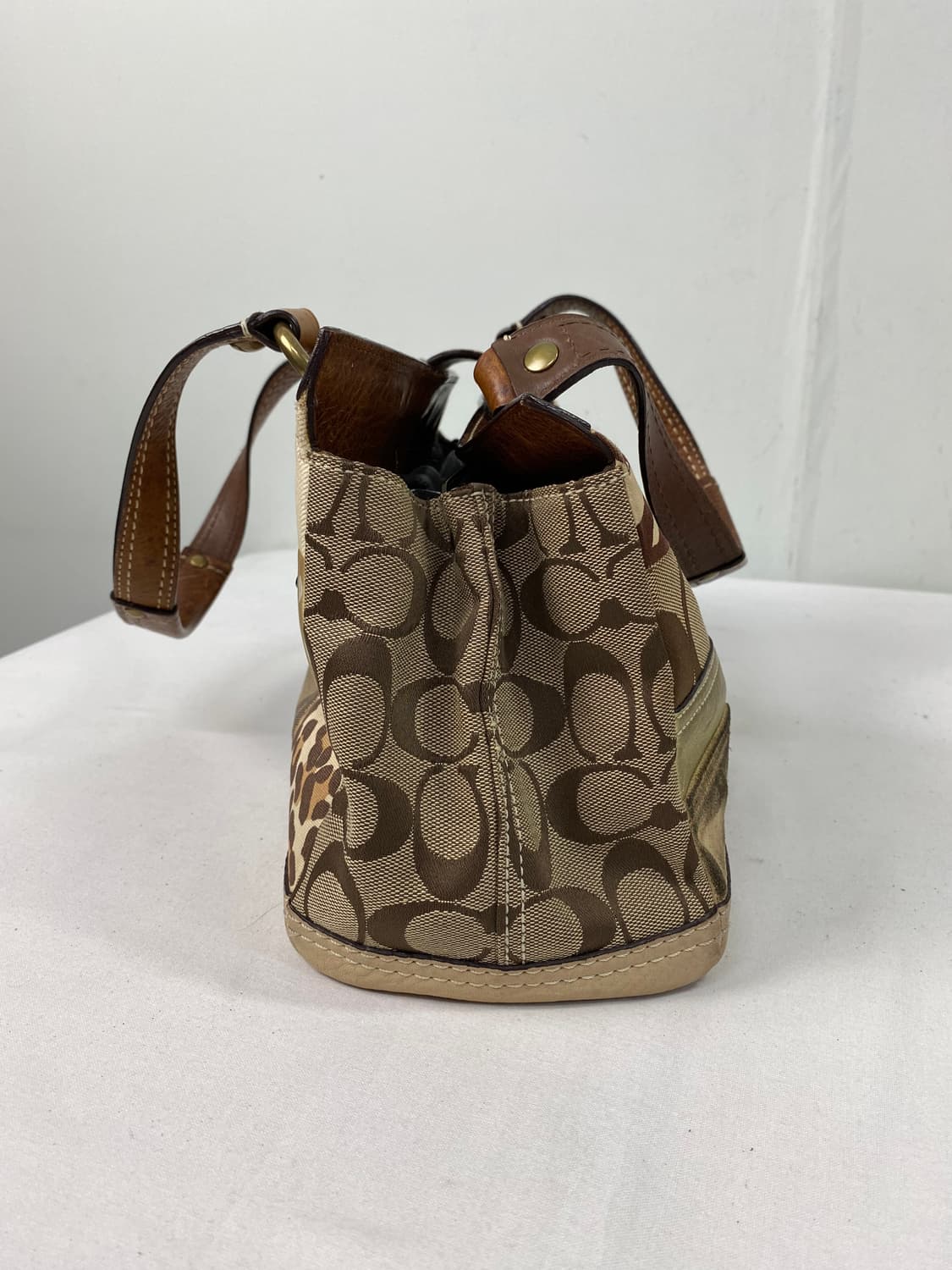 90s coach 코치 패치워크 시그니처 호피 도트 캔버스 레더 토트백  상품이미지2