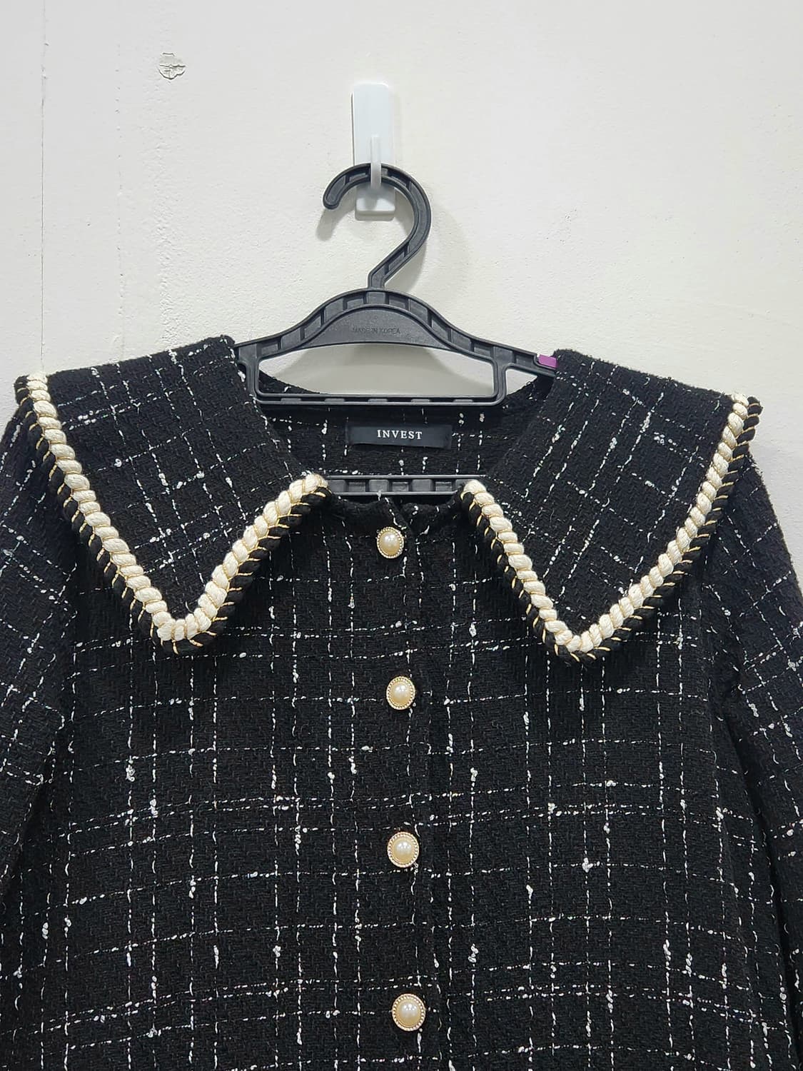 INVEST 트위드 진주 카라 플레어 원피스 F 블랙 상품이미지3
