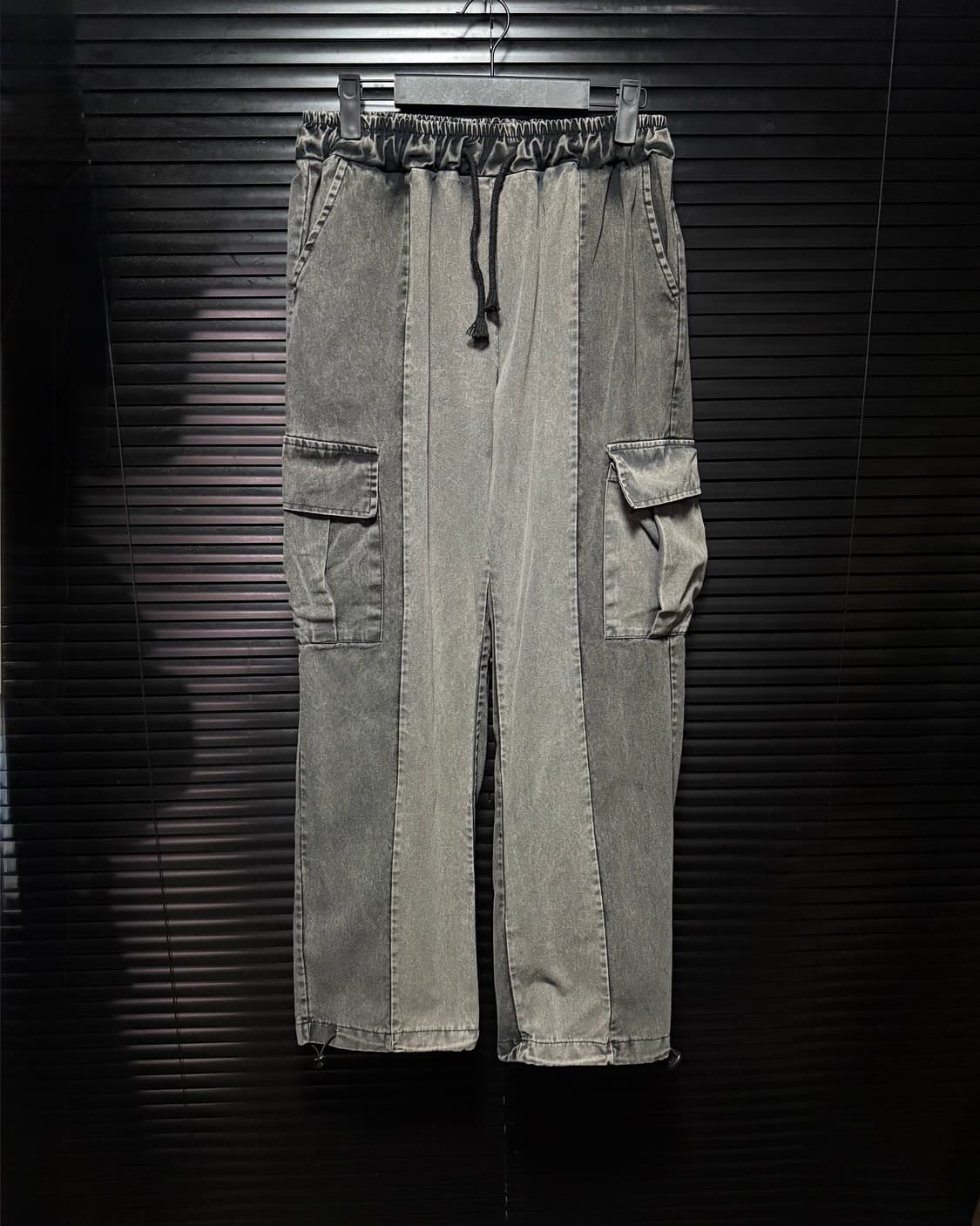 9NUTS 회색 그레이 워싱 와이드 데님 밴딩 카고 워크팬츠 절개 배색 상품이미지2