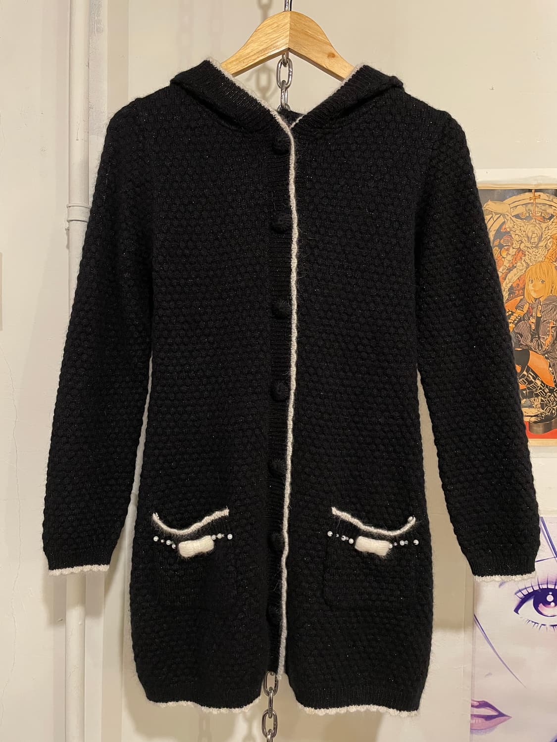 리본 글리터 블랙 후드 버튼 니트 자켓 러블리 상품이미지6