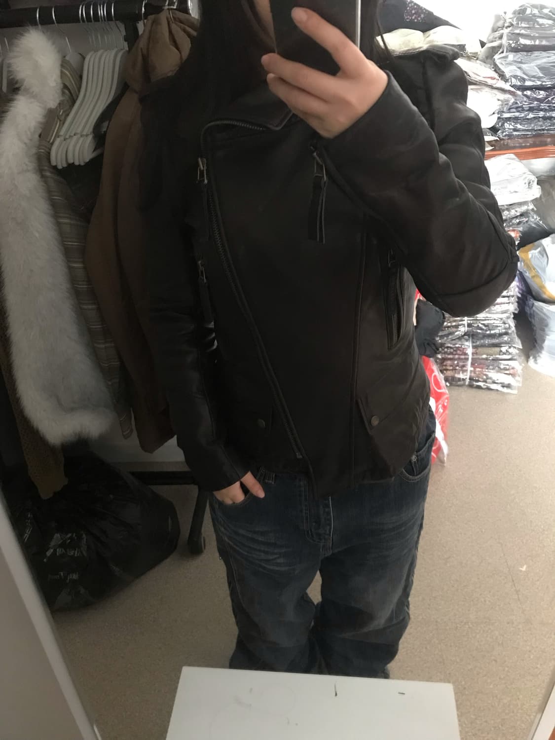 빈티지 언발 하이넥 레더자켓 브라운 상품이미지6