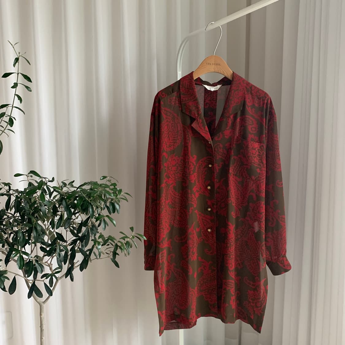 일본 빈티지 amanjacky 레트로 리프 패턴 쉬폰 블라우스 상품이미지1