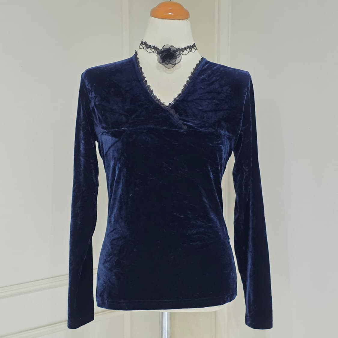 일본빈티지)네이비 고딕로리타st 로맨틱 레이스 벨벳 긴팔블라우스 상품이미지1