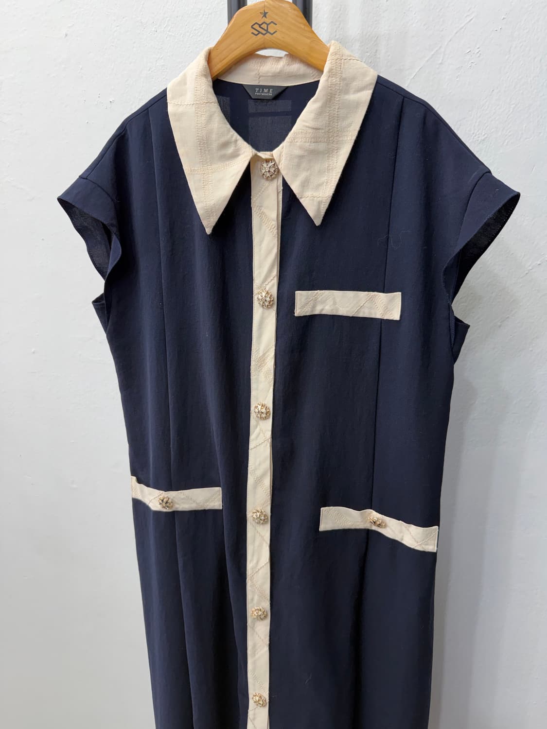 정품) TIME 한섬 네이비 카라 반팔 원피스 82 F 상품이미지3