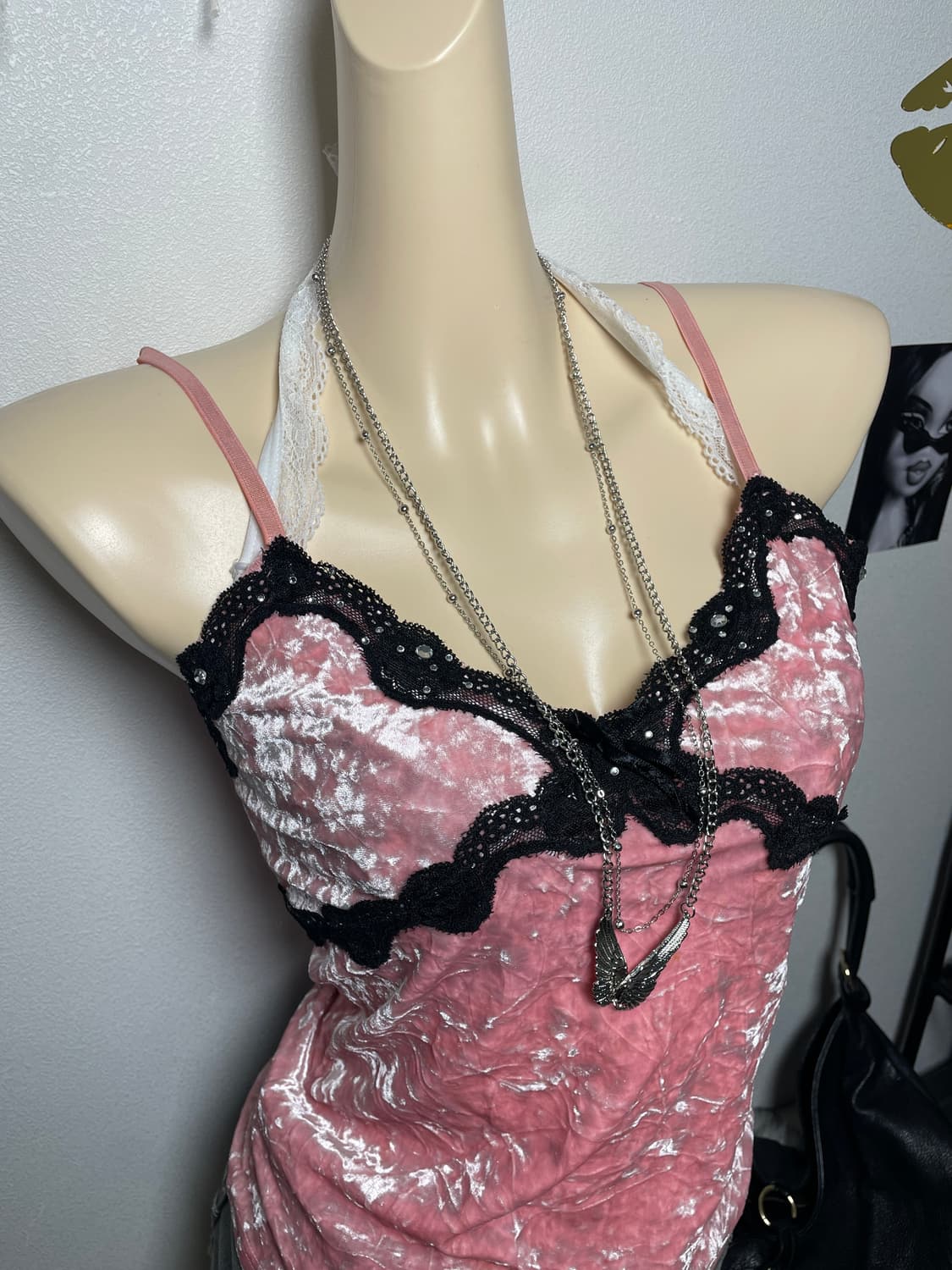 갸루 러블리 핑크 블랙 벨벳 레이스 슬리브리스 상품이미지2