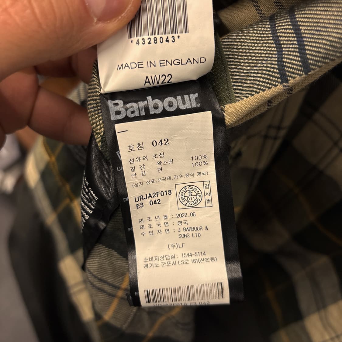 신형라벨 바버 오리지널 타탄체크 라이닝 비데일 코튼 왁스자켓 N937 상품이미지10