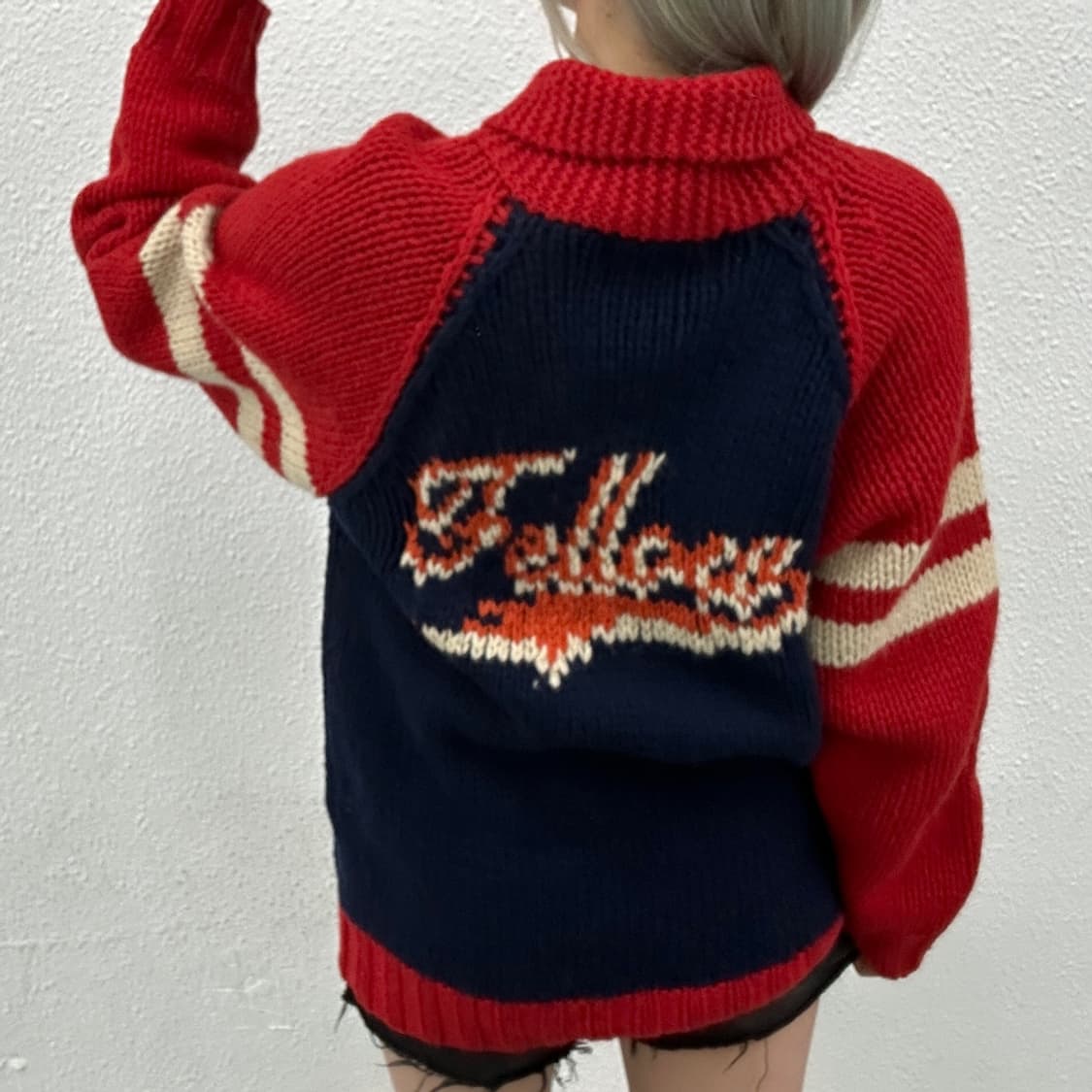 JPN VINTAGE 플레보 레드배색 헤비울 네이비 니트 집업 M 상품이미지2