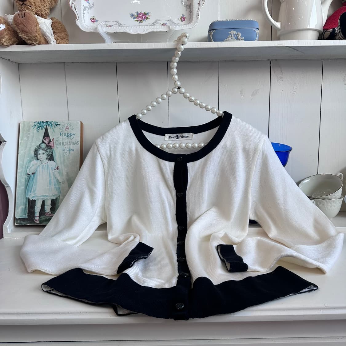 Dear Princess 배색 가디건 화이트 블랙 상품이미지6