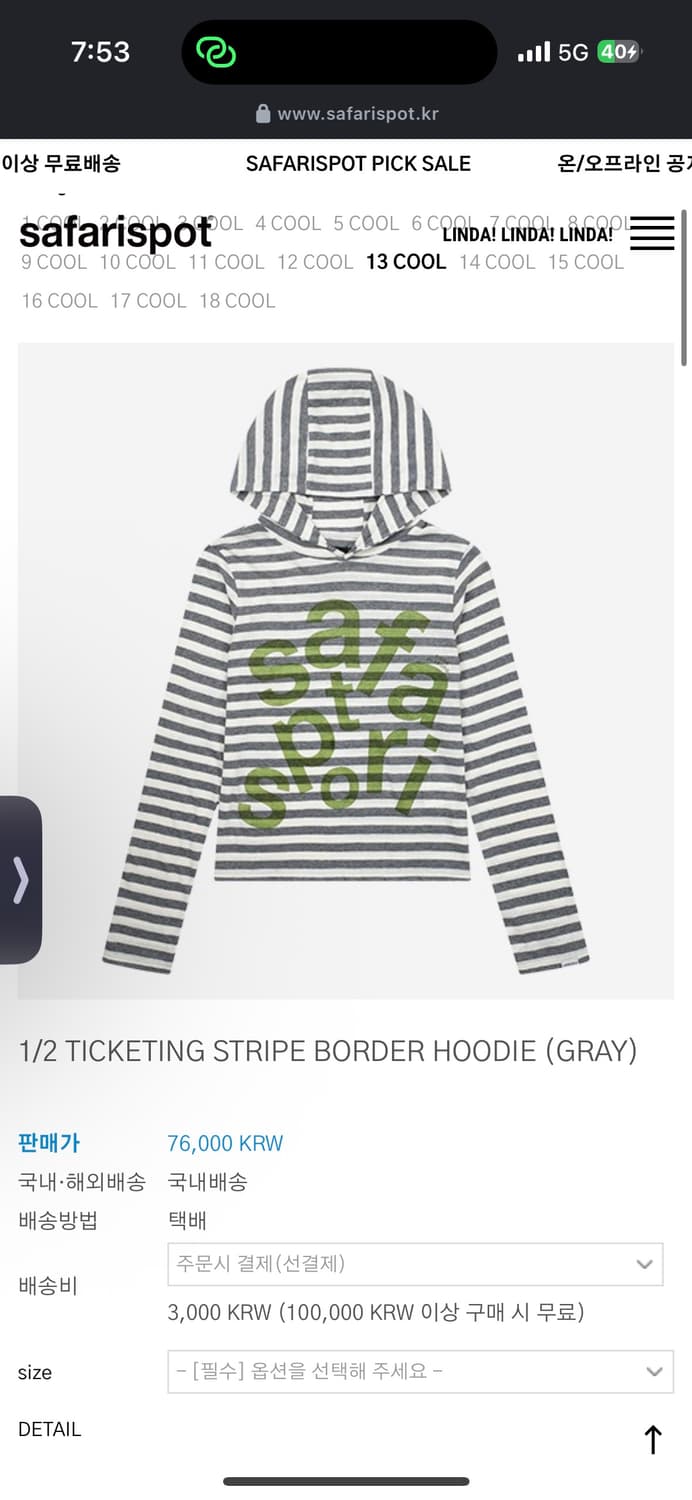1/2 TICKETING STRIPE BORDER HOODIE (GRA 상품이미지1