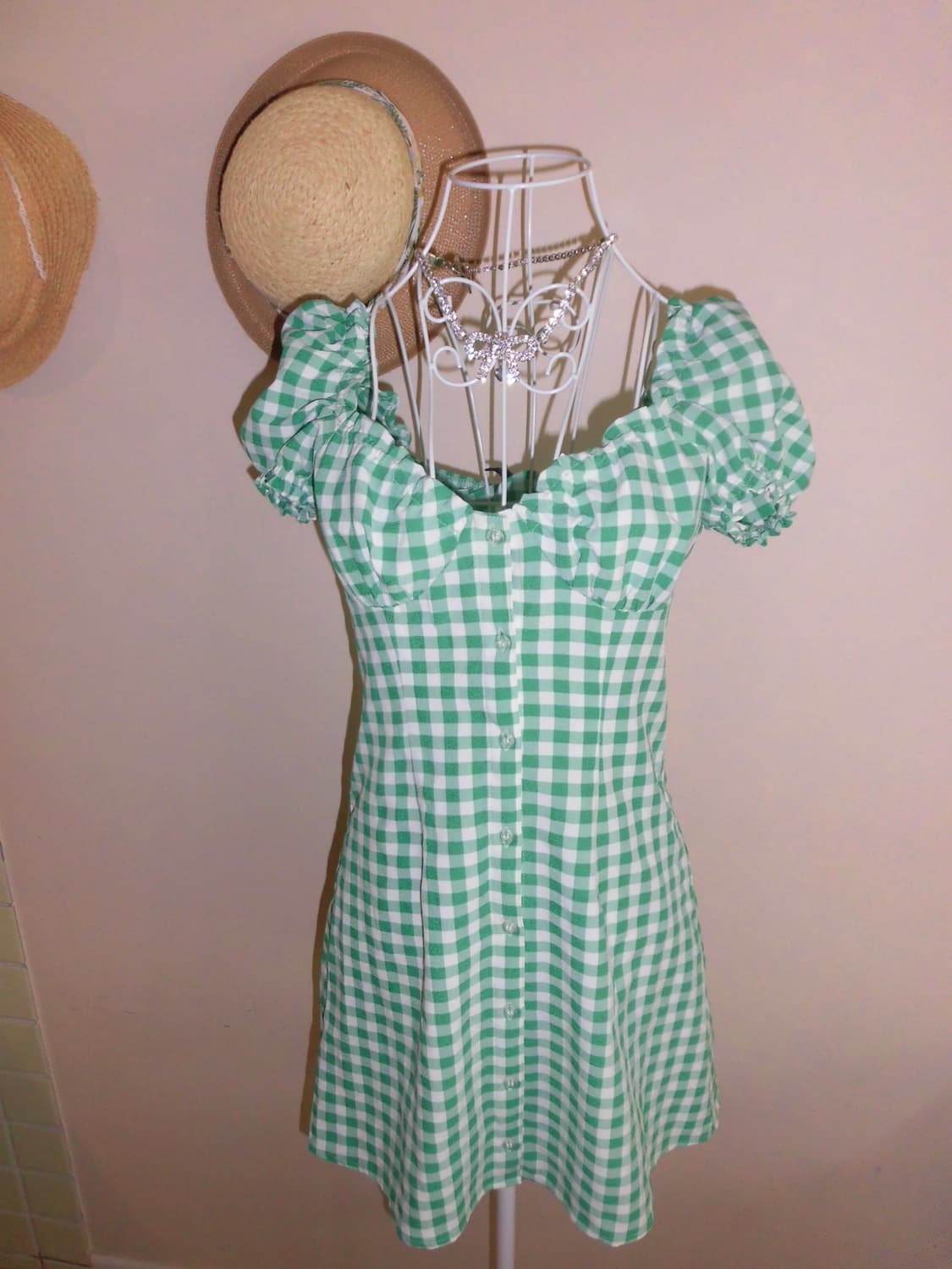 H&M 체크 그린 퍼프 미니 원피스 상품이미지3