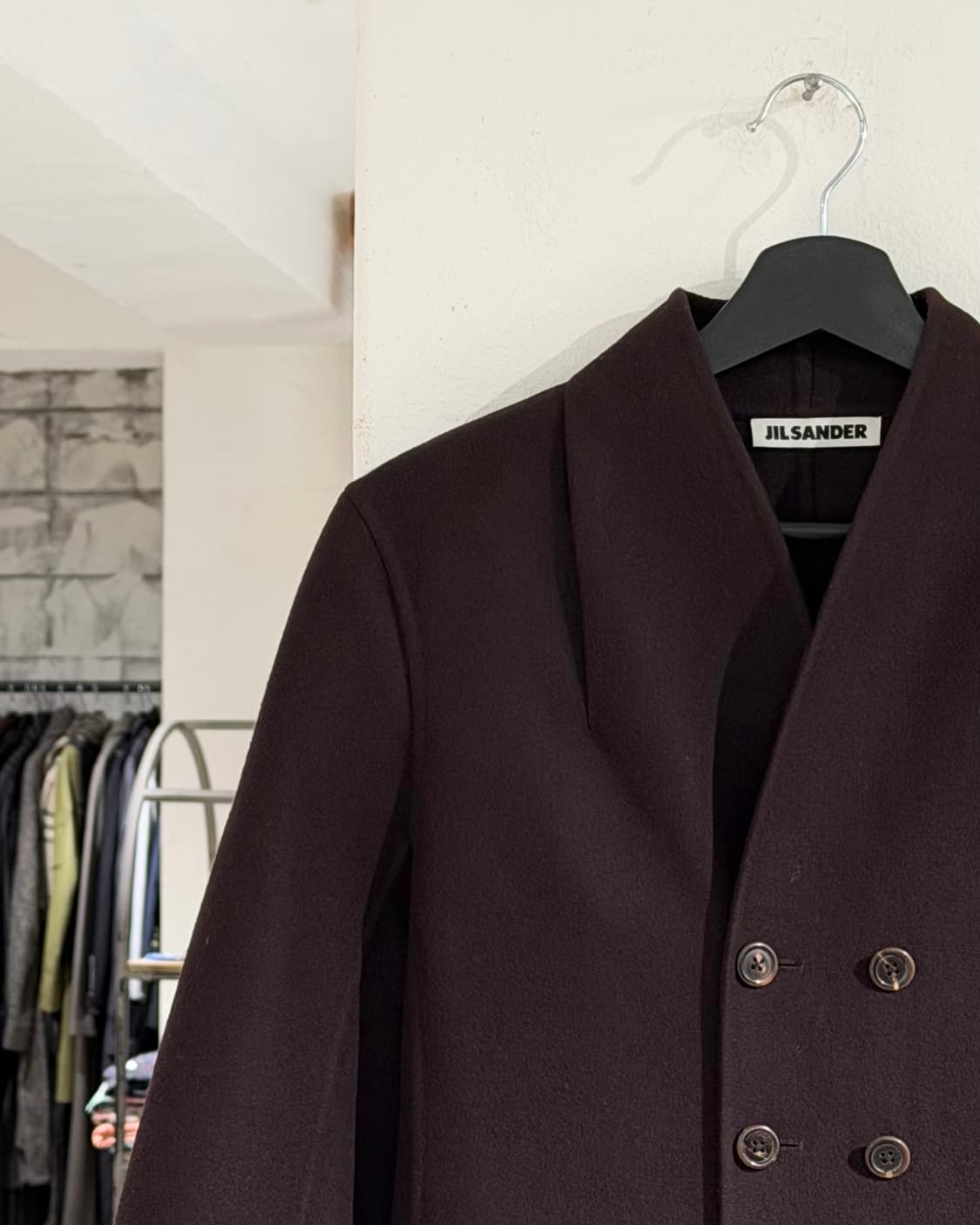 질샌더 버건디 노카라 투버튼 코트 상품이미지2