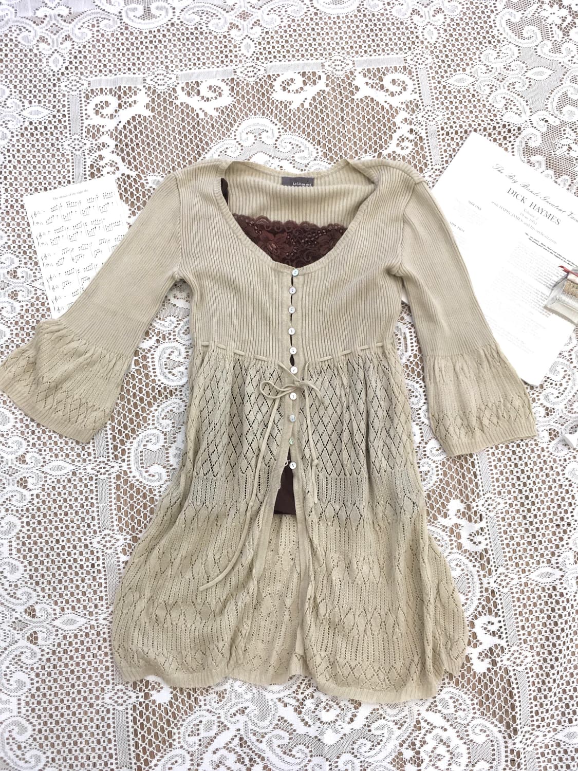 jpn vintage beige crochet knit cardigan 상품이미지5