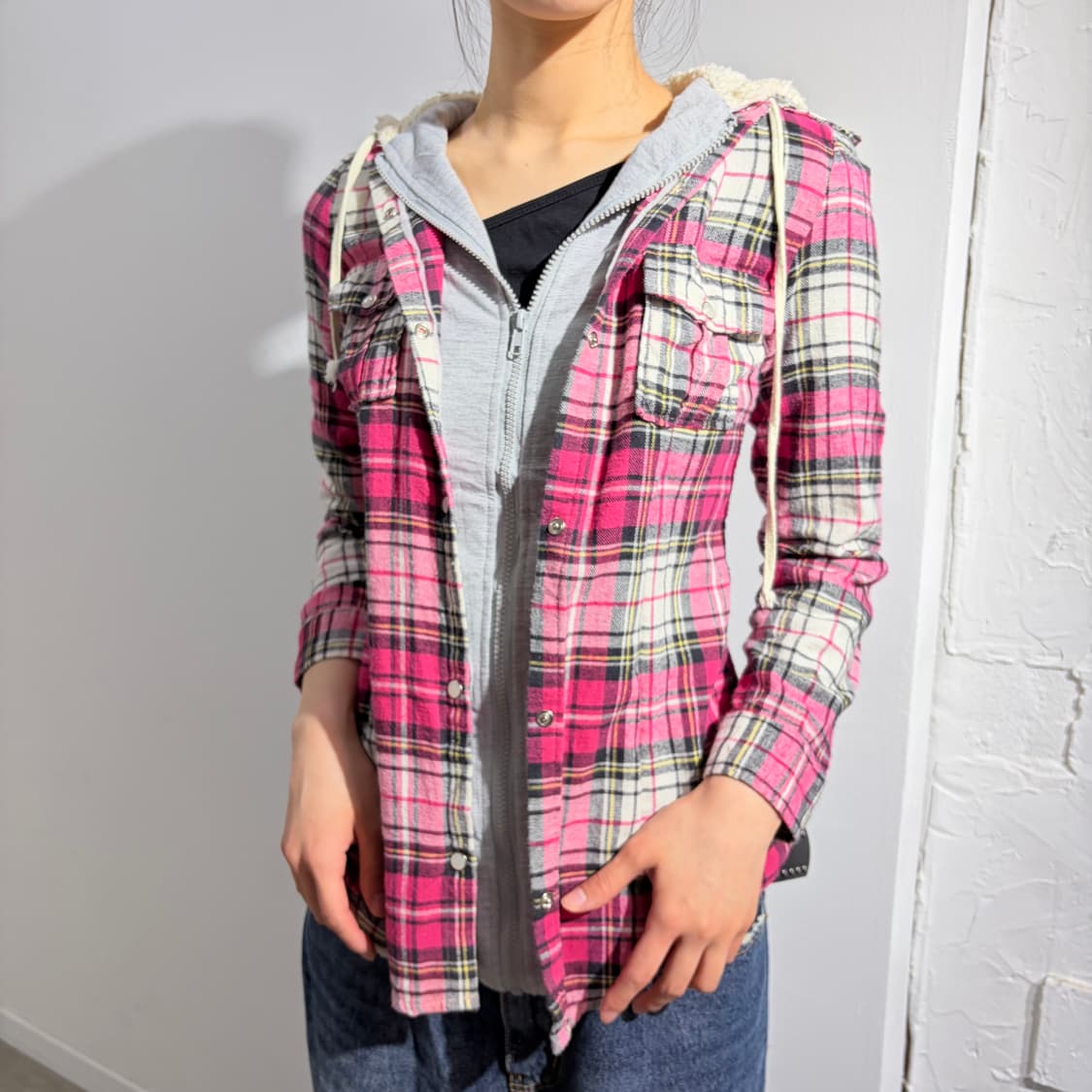 Wazp 핑크 레이어드 후드집업 상품이미지1