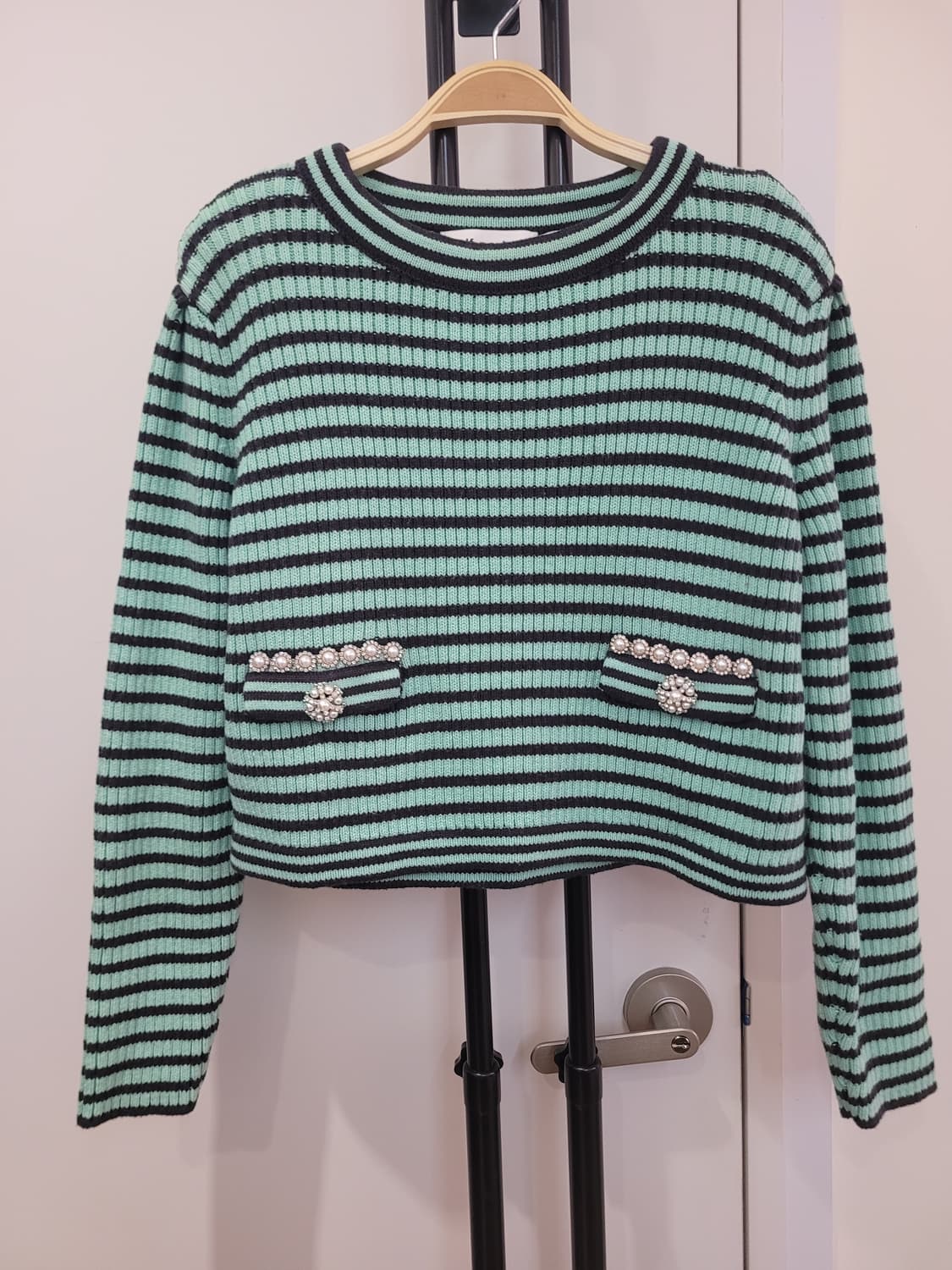 셀프포트레이트 그린 멜란지 스트라이프 크롭 니트 M사이즈 상품이미지1