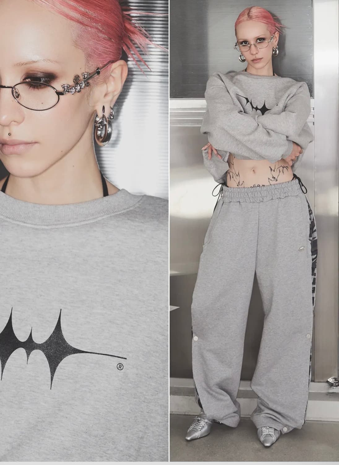 트렌스폼 사이드 스냅 배색 와이드 팬츠 그레이  상품이미지1