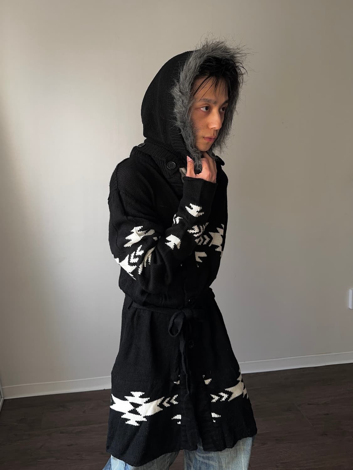 Sterny 퍼 후디 아즈텍 롱 카디건 상품이미지3