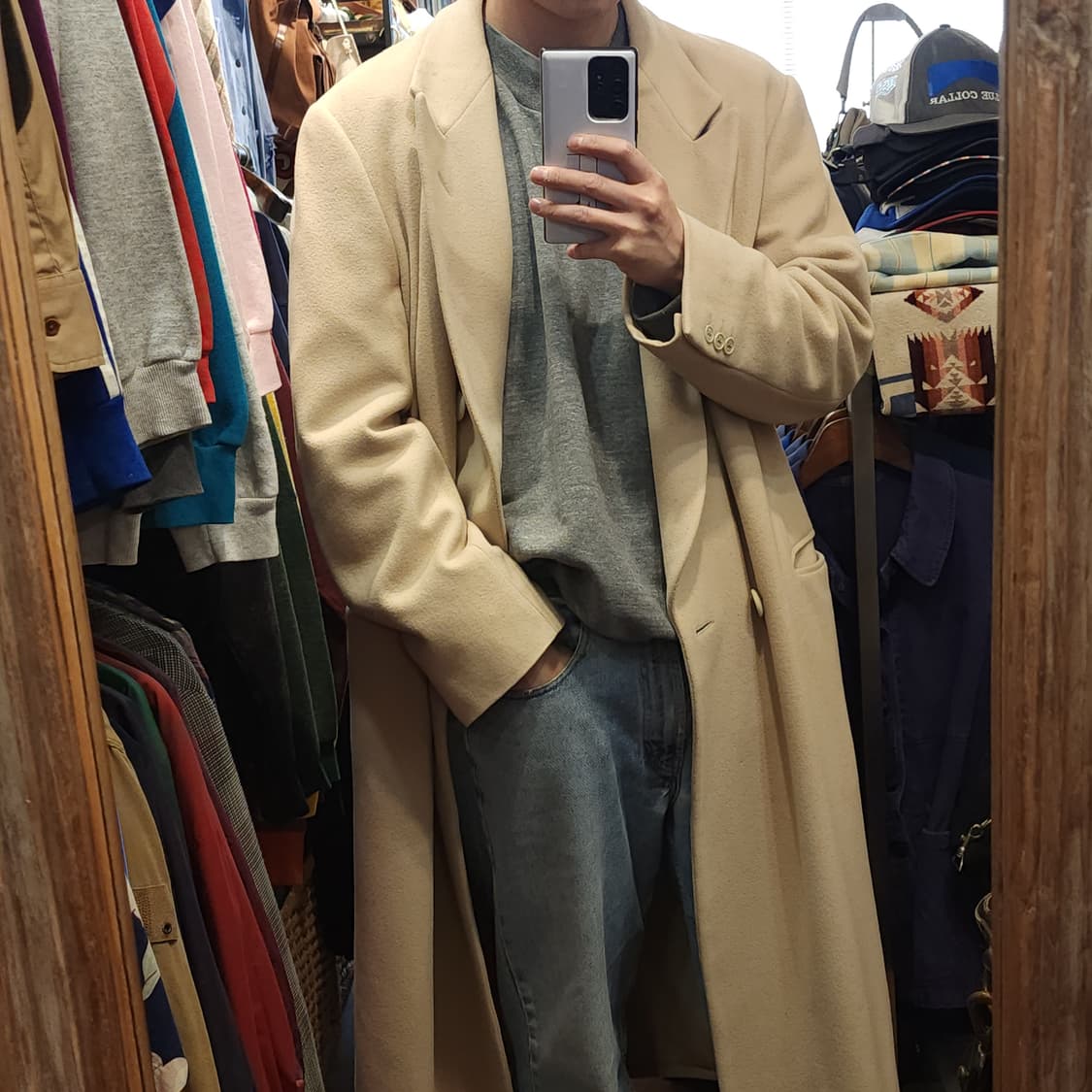 90s 조르지오 아르마니 울코트 피크드 라펠 버진울 더블코트 크림색 52 상품이미지10