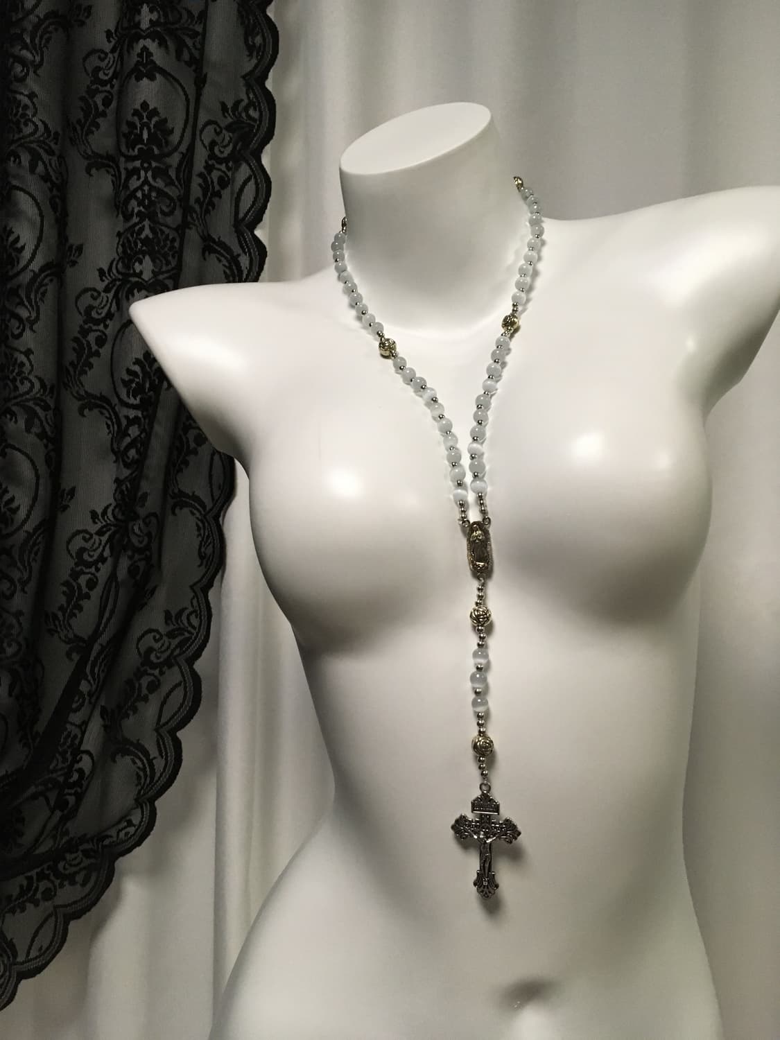 Vintage 핀터레스트 캣츠아이 원석 십자가 로자리오 목걸이 상품이미지2