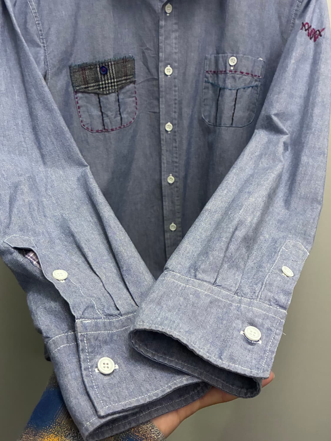 (L~XL)BOB italy 비오비 패치워크 핸드자수 샴브레이 셔츠 상품이미지7