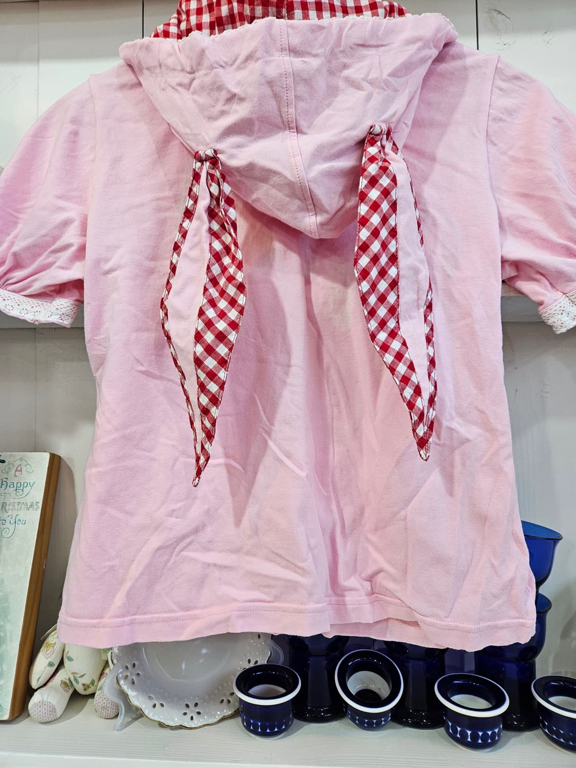 (BODY LINE) 토끼후드 하트 체크 반팔 후드탑 상품이미지7