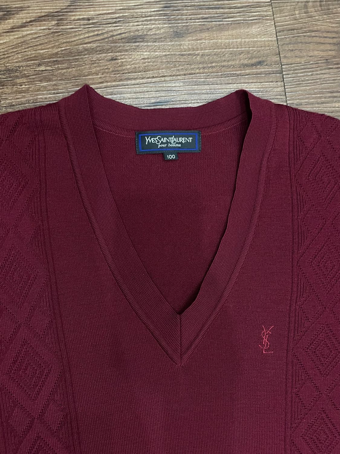 90s 입생로랑 YSL 자수로고 브이넥 니트 버건디 상품이미지2