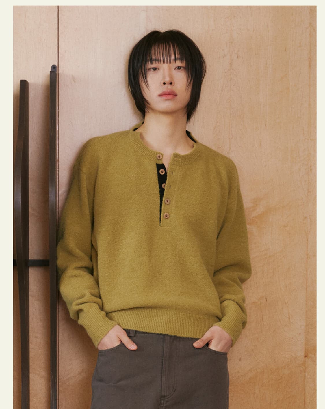 <구매> 웨이비니스 알파카 레이어드 헨리넥 올리브 상품이미지1