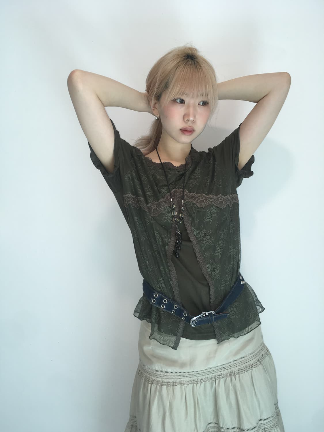 Jpn vintage Olive lace layered t shirt 상품이미지3