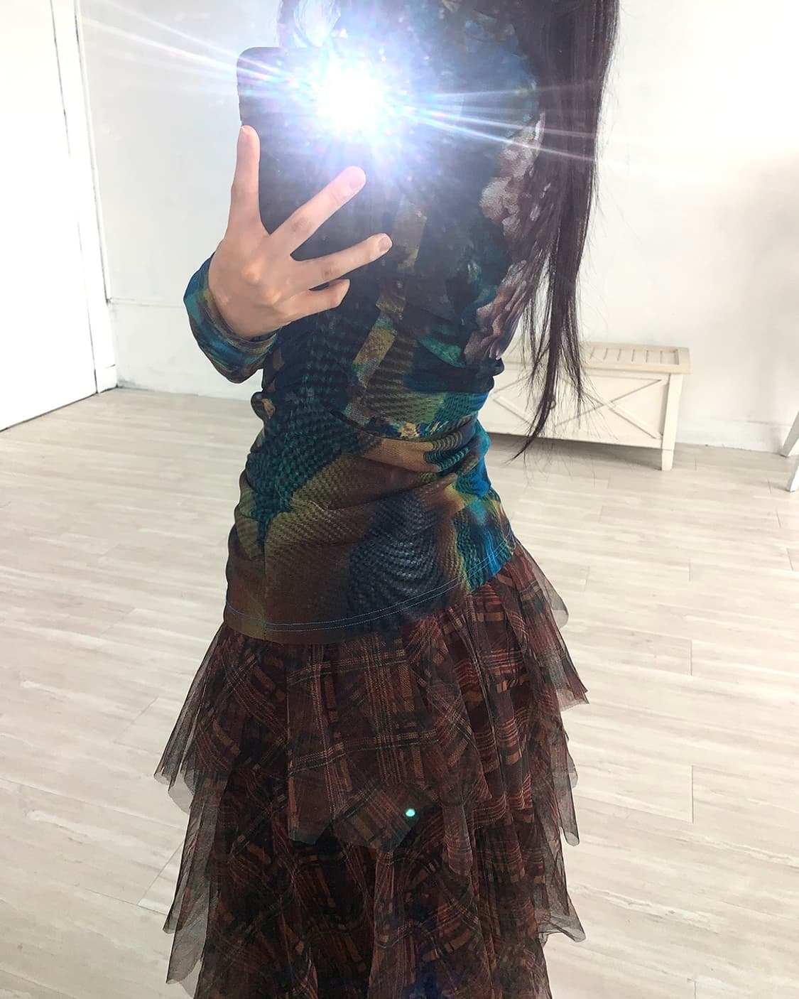 Brown Check Mesh Tiered Skirt 상품이미지6